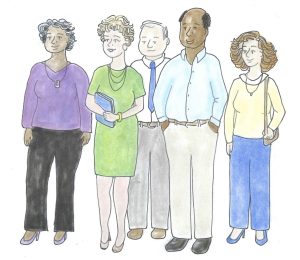 watercolor drawing of people in office clothes standing