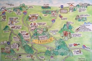 Colorful Illustrated Map of Raleigh, NC including NCSU Bell tower& RDU
